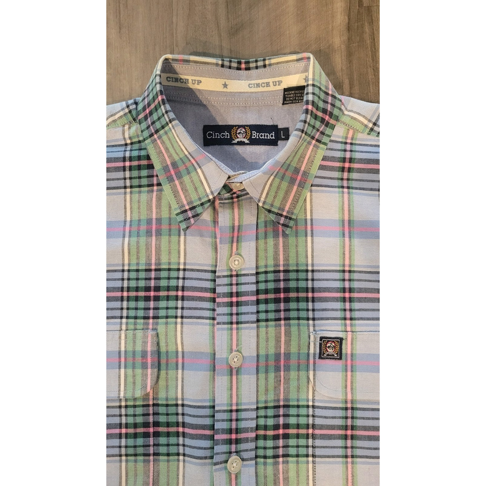 Cinch Men’s Long Sleeve Plaid Shirt Size Large Embroidered Logo Casual